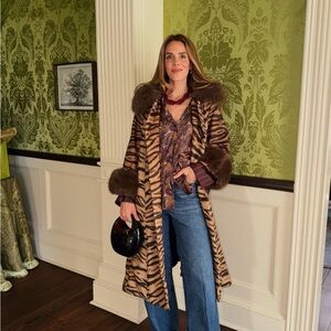 Women's Tiger Print Coat with Fur Trim